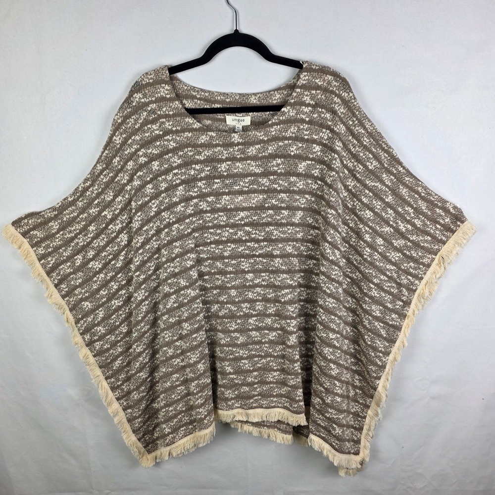 NWT Umgee USA Brown Striped Mohair Blend Fringe Poncho Wrap Sweater boho cottage